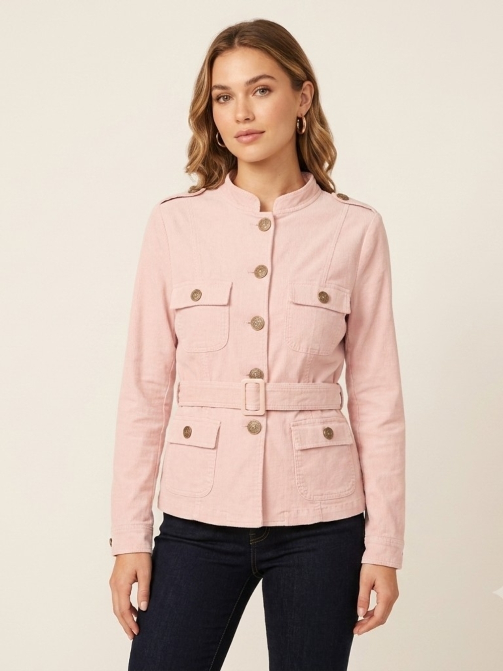 Tryst Light Pink Utility Jacket with Belt and Wooden Style Buttons